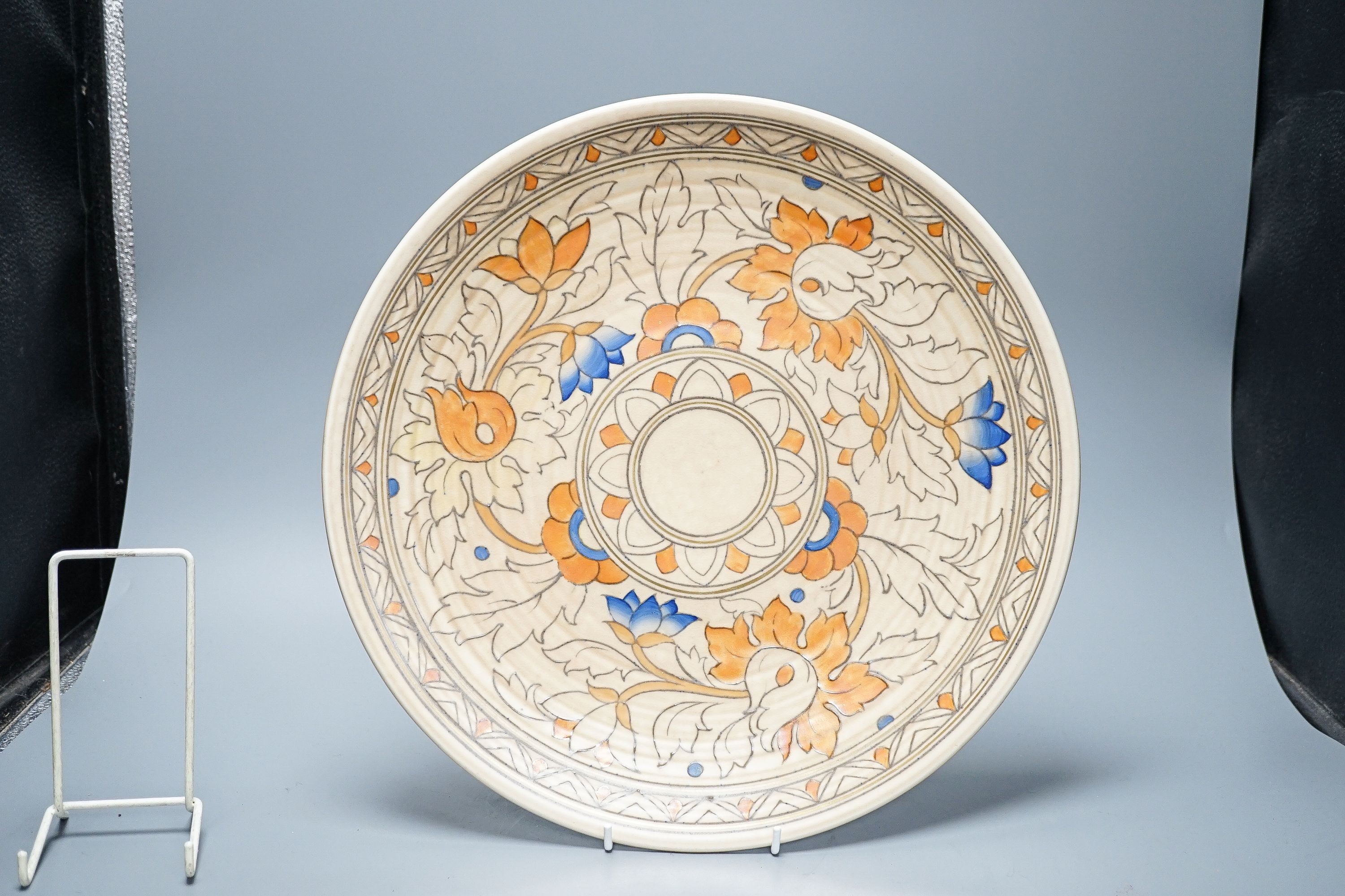 Two Charlotte Rhead Crown Ducal dishes, largest 37cm, one with artists signature